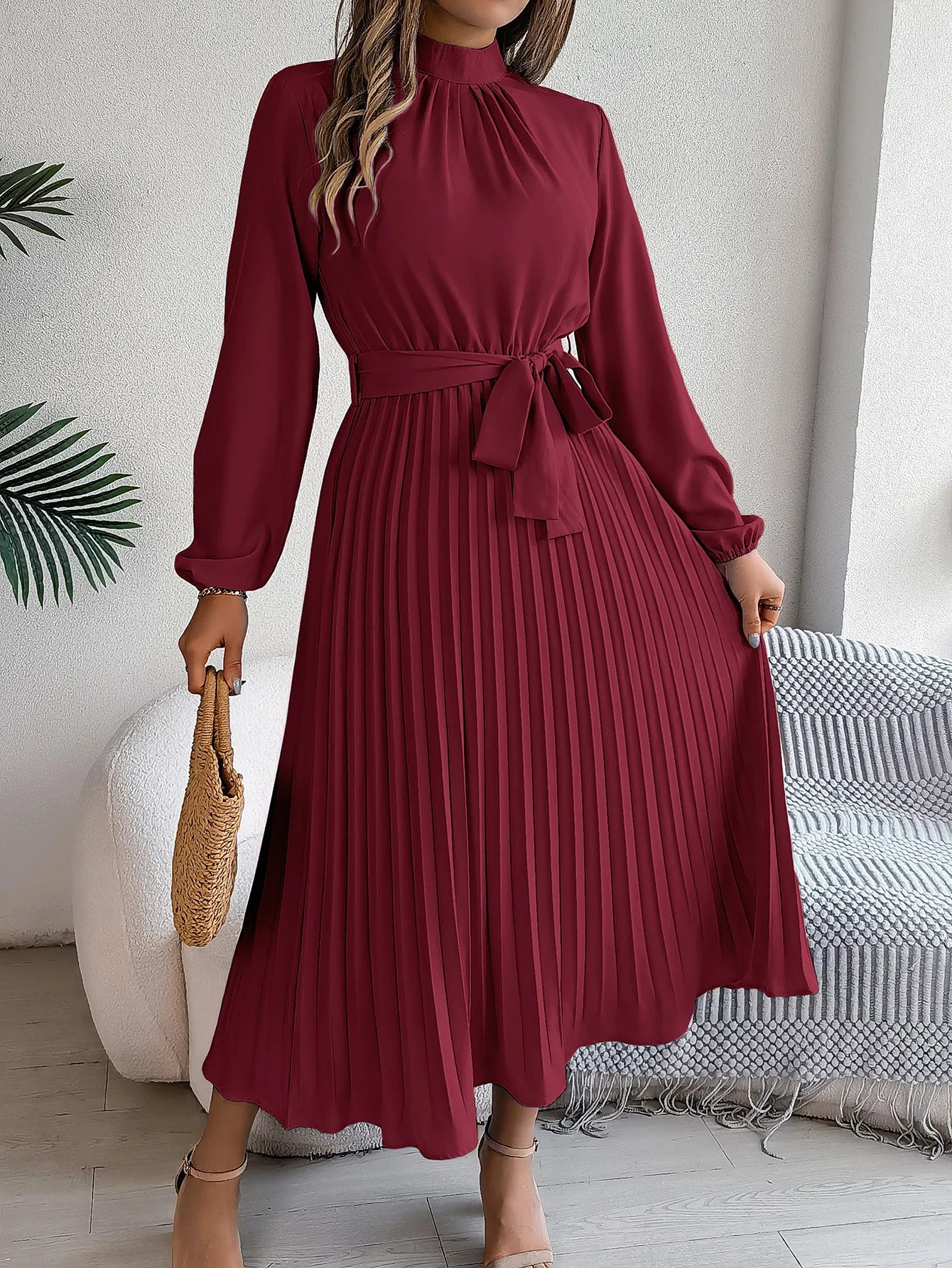 Slim-Fit A-Line Solid Dress with Stand Collar – Ankle-Length, Sashes Detail, Autumn/Winter