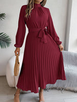 Load image into Gallery viewer, Slim-Fit A-Line Solid Dress with Stand Collar – Ankle-Length, Sashes Detail, Autumn/Winter
