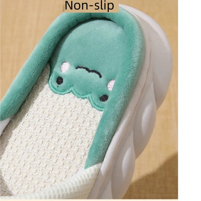 Four Seasons Linen House Slippers with Cute Cartoon Design