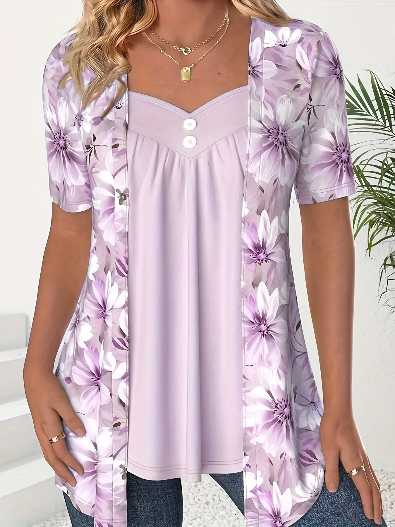 Patchwork Knit Button Top with Square Neckline