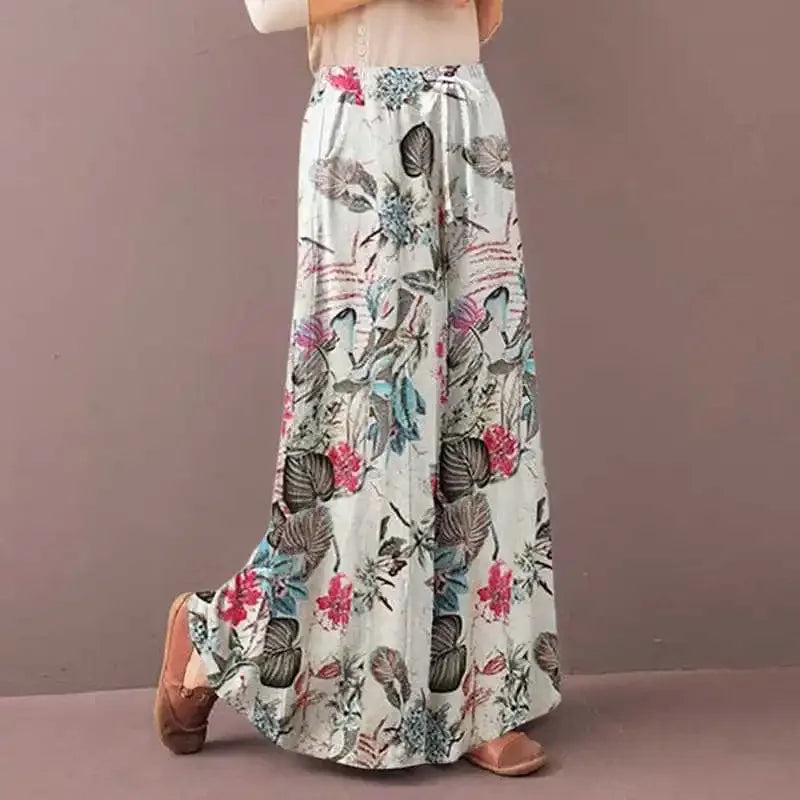Women's Floral Print Wide Leg Pants - Bohemian Drawstring Trousers
