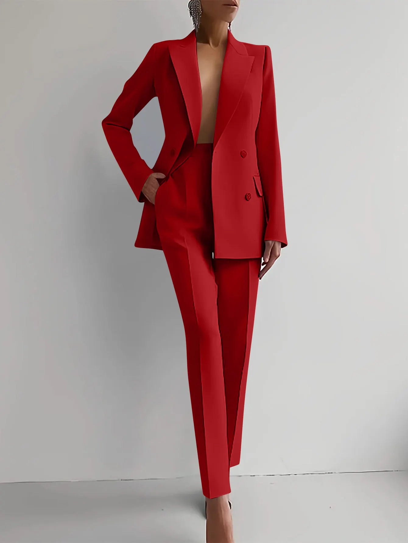 ✨ Women's Slim-Fit 2-Piece Casual Set – Double-Breasted Blazer & Pencil Pants | Ensemble 2 pièces ajusté pour femme – Blazer croisé et pantalon crayon