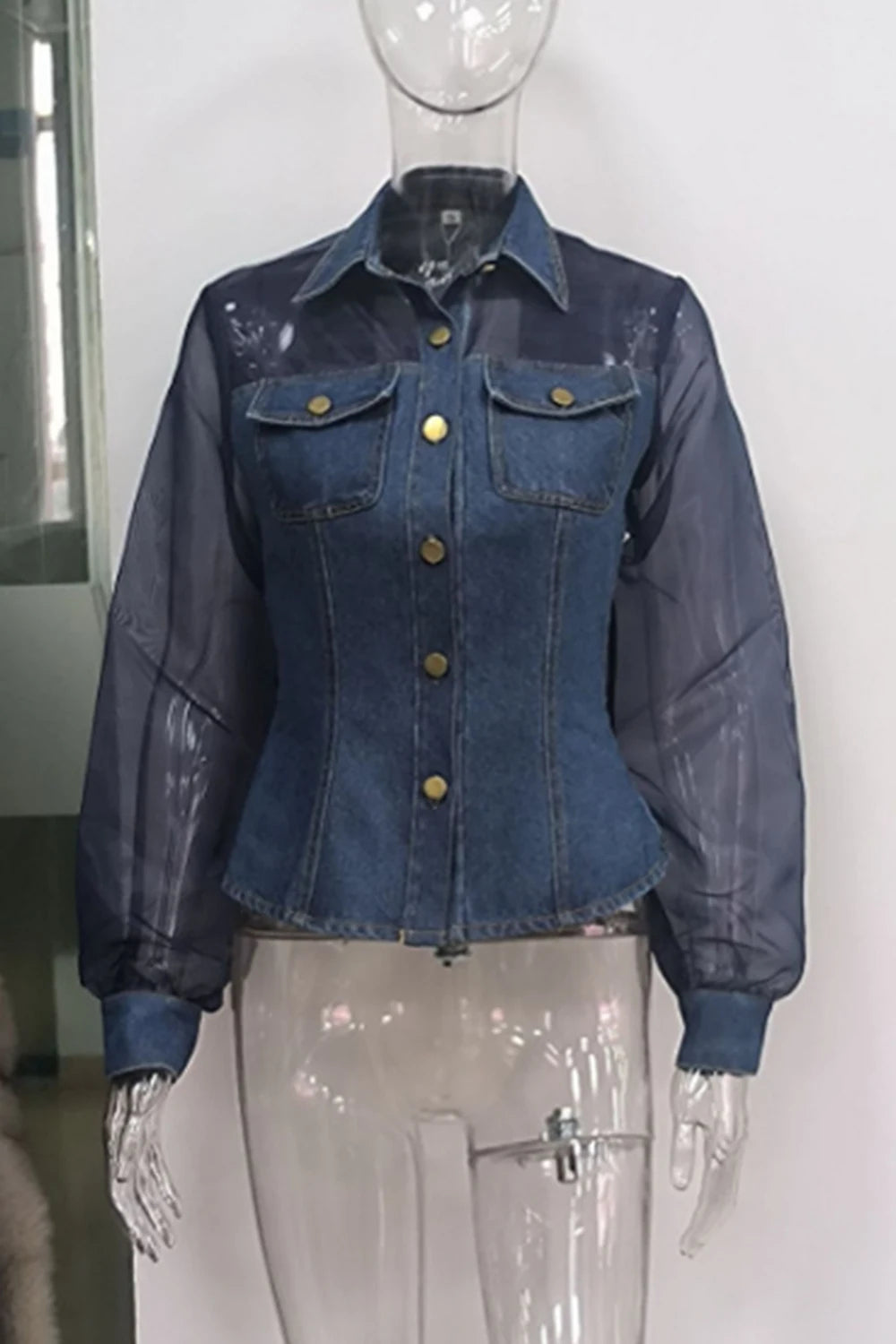 Puff-Sleeve Denim Mesh Blouse | OWNLUXE