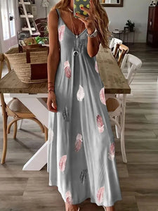 Elegant Office Lady Ankle Length Printed V-Neck Dress – Perfect for Senior Women