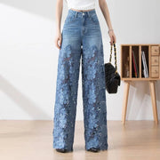 Women's Y2K High Waist Wide Leg Jeans - Lace Patchwork Denim Pants