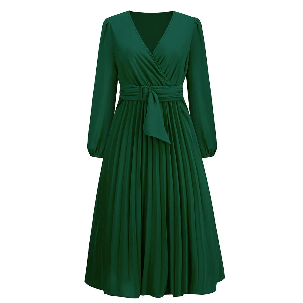 Slim-Fit A-Line Mid-Calf Dress with Lantern Sleeves and Sashes – Office Lady Autumn/Winter