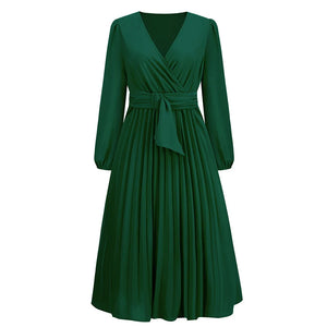 Slim-Fit A-Line Mid-Calf Dress with Lantern Sleeves and Sashes – Office Lady Autumn/Winter