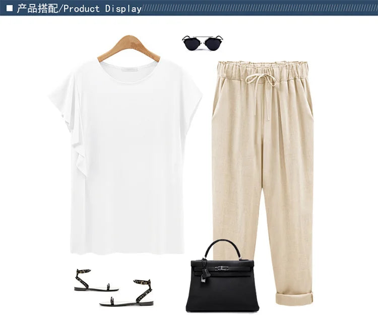 Cotton Linen Pants - Elastic Waist Ankle Length Casual Trousers