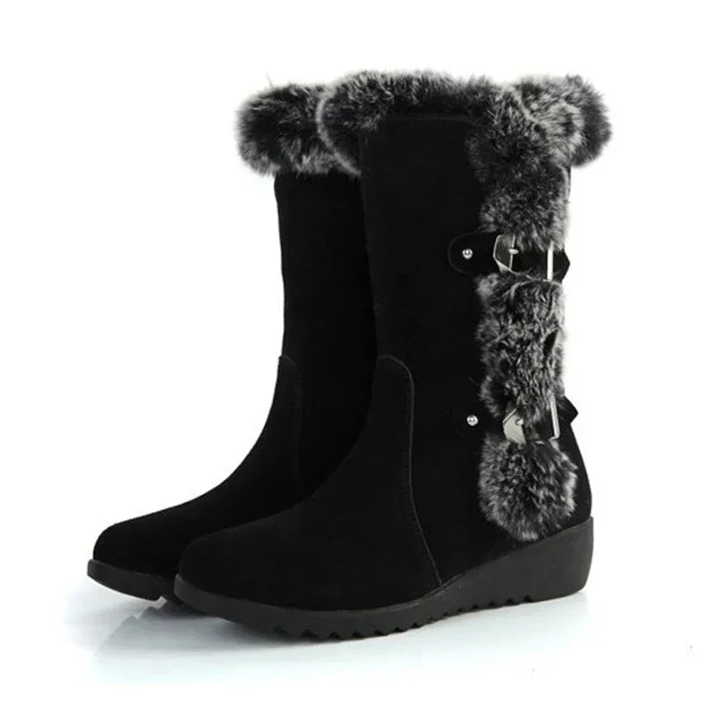 Women’s Faux Fur Slip-On Winter Snow Boots, Mid-Calf