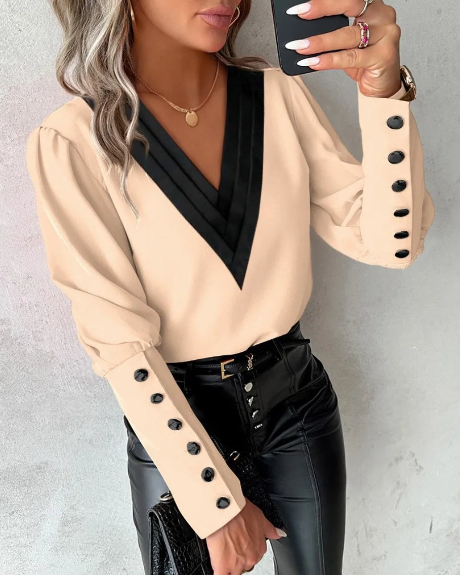Lace Detail Office Blouse – Women's V-Neck Pullover Top
