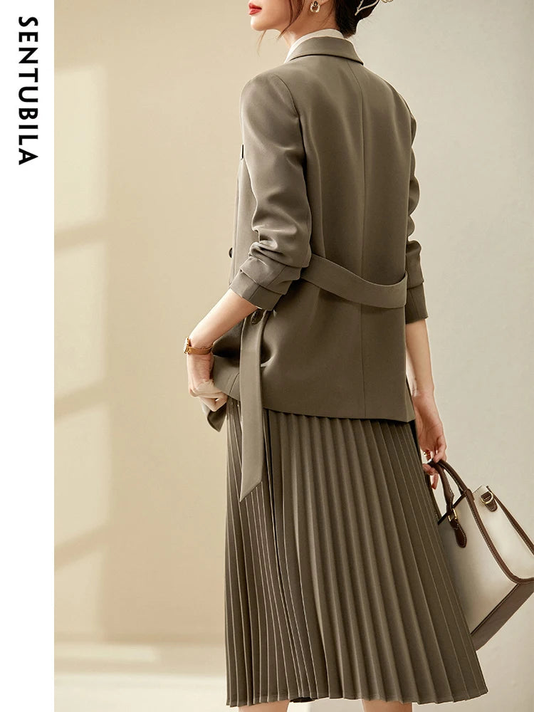 Belted Blazer & Pleated Midi Skirt Set | OWNLUXE