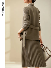 Belted Blazer & Pleated Midi Skirt Set | OWNLUXE