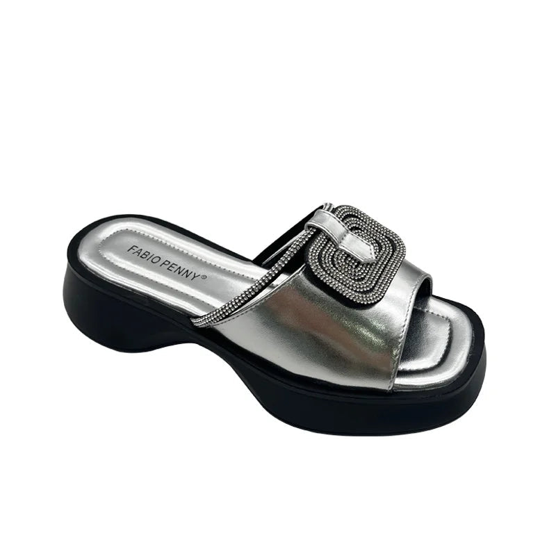 Women’s Mid Heel Slide Sandals – Cushioned Mixed-Color