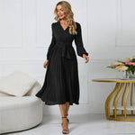 Load image into Gallery viewer, Slim-Fit A-Line Mid-Calf Dress with Lantern Sleeves and Sashes – Office Lady Autumn/Winter
