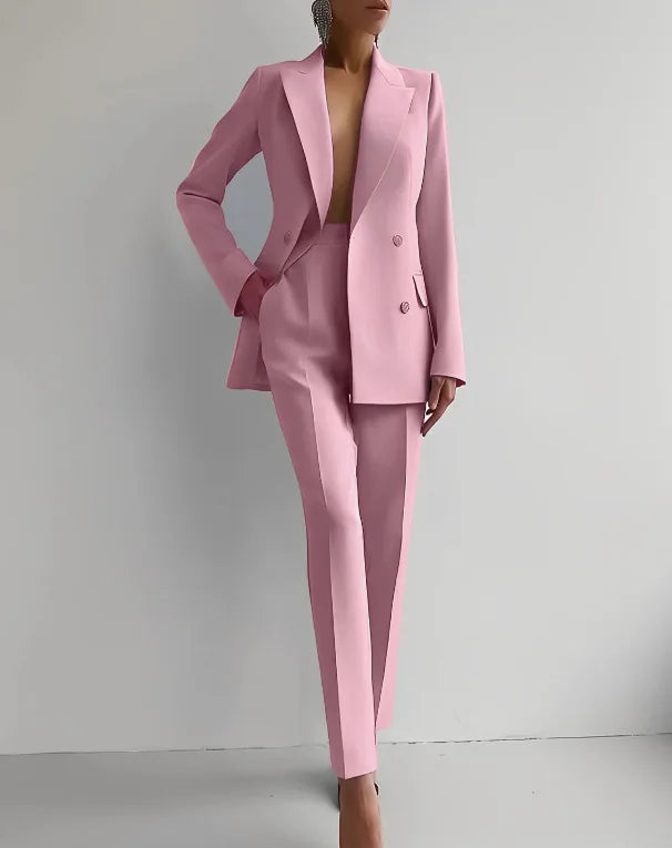 ✨ Women's Slim-Fit 2-Piece Casual Set – Double-Breasted Blazer & Pencil Pants | Ensemble 2 pièces ajusté pour femme – Blazer croisé et pantalon crayon