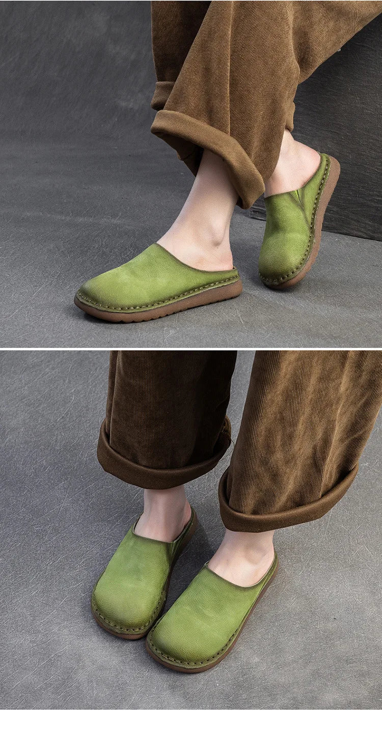 Genuine Leather Flat Slippers – Handmade Retro Women’s Mules