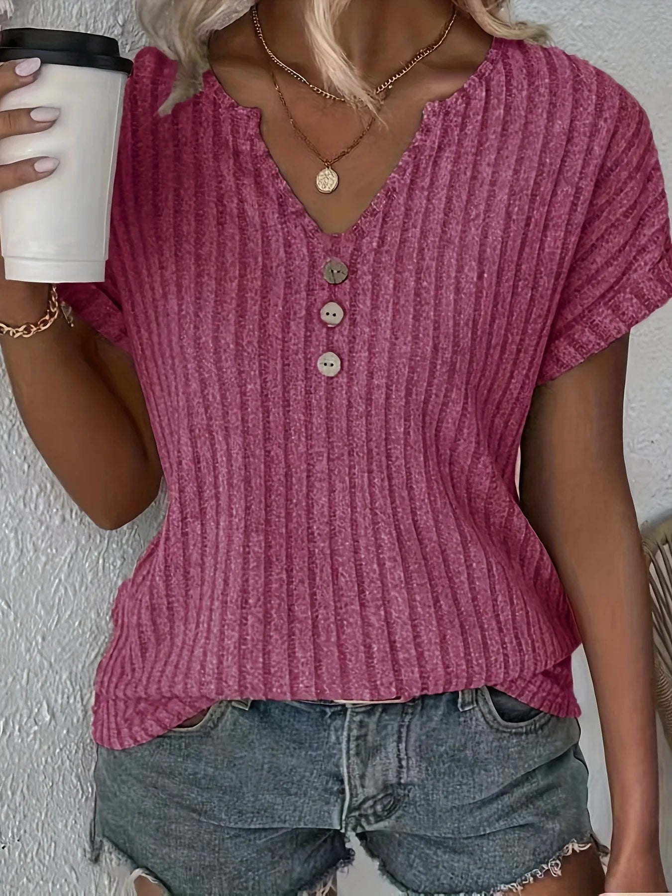Women's V-Neck Ribbed T-Shirt | OWNLUXE