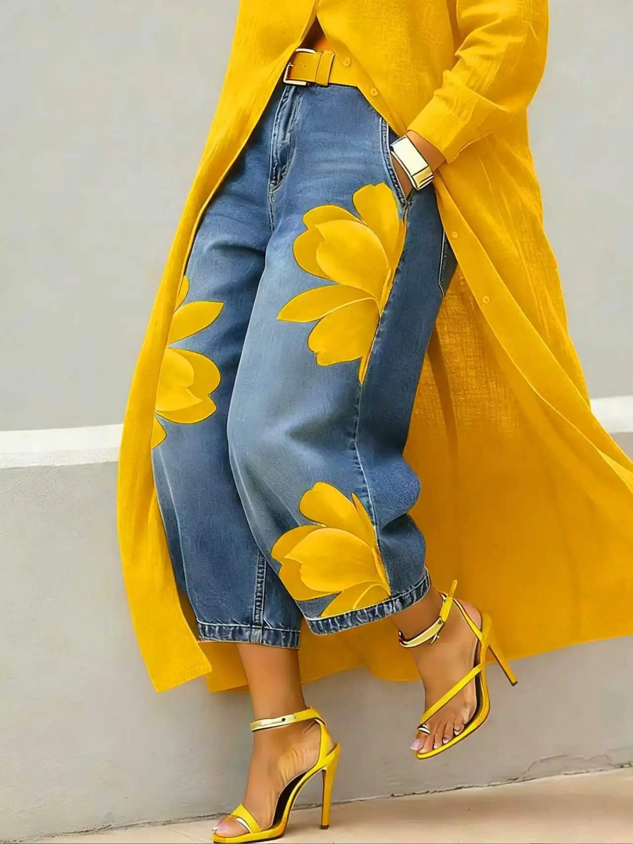 Women's High Waist Wide Leg Denim Pants (Yellow) | OWNLUXE