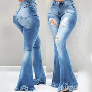 🔥 High-Waisted Ripped Flare Jeans with Tassel Hem | Jean évasé taille haute déchiré avec ourlet à franges 🔥