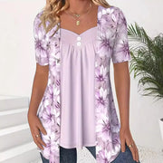 Patchwork Knit Button Top with Square Neckline