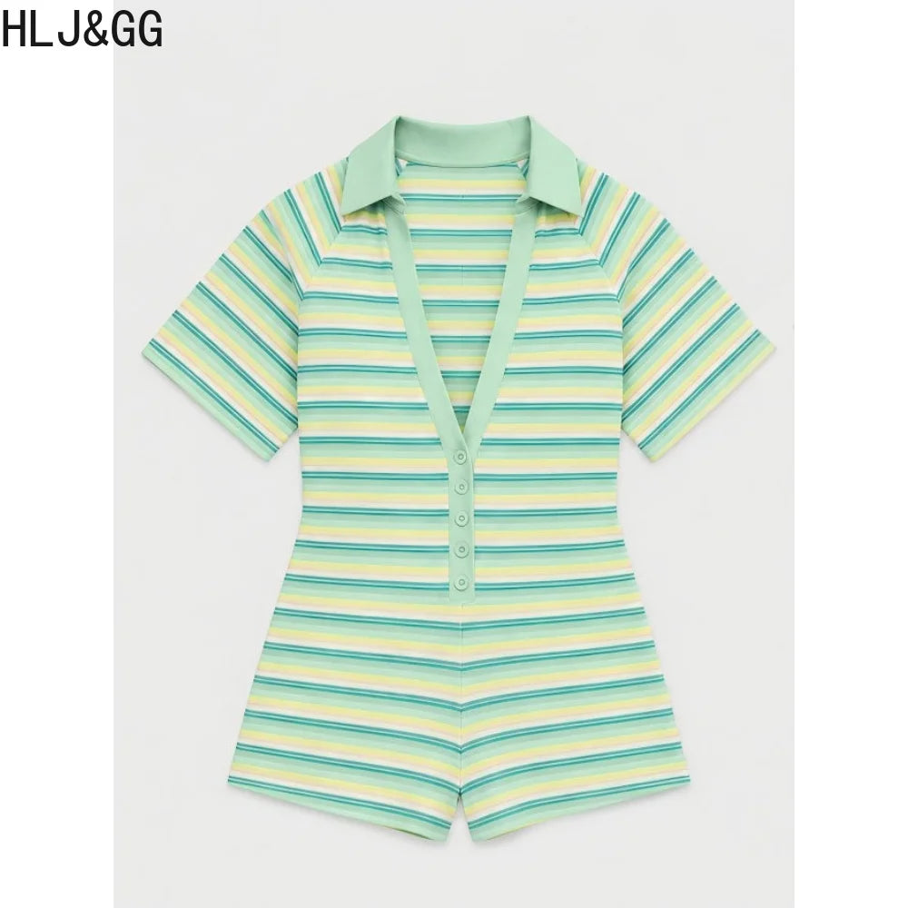 V-Neck Striped Bodycon Short-Sleeve Jumpsuit | OWNLUXE