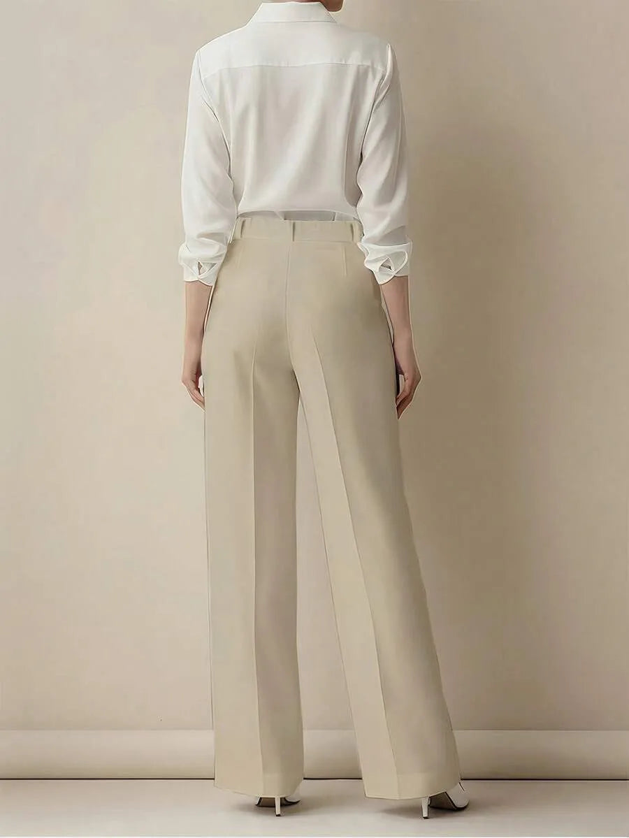 Women's High Waist Work Trousers - Casual Loose Fit Pants with Pockets