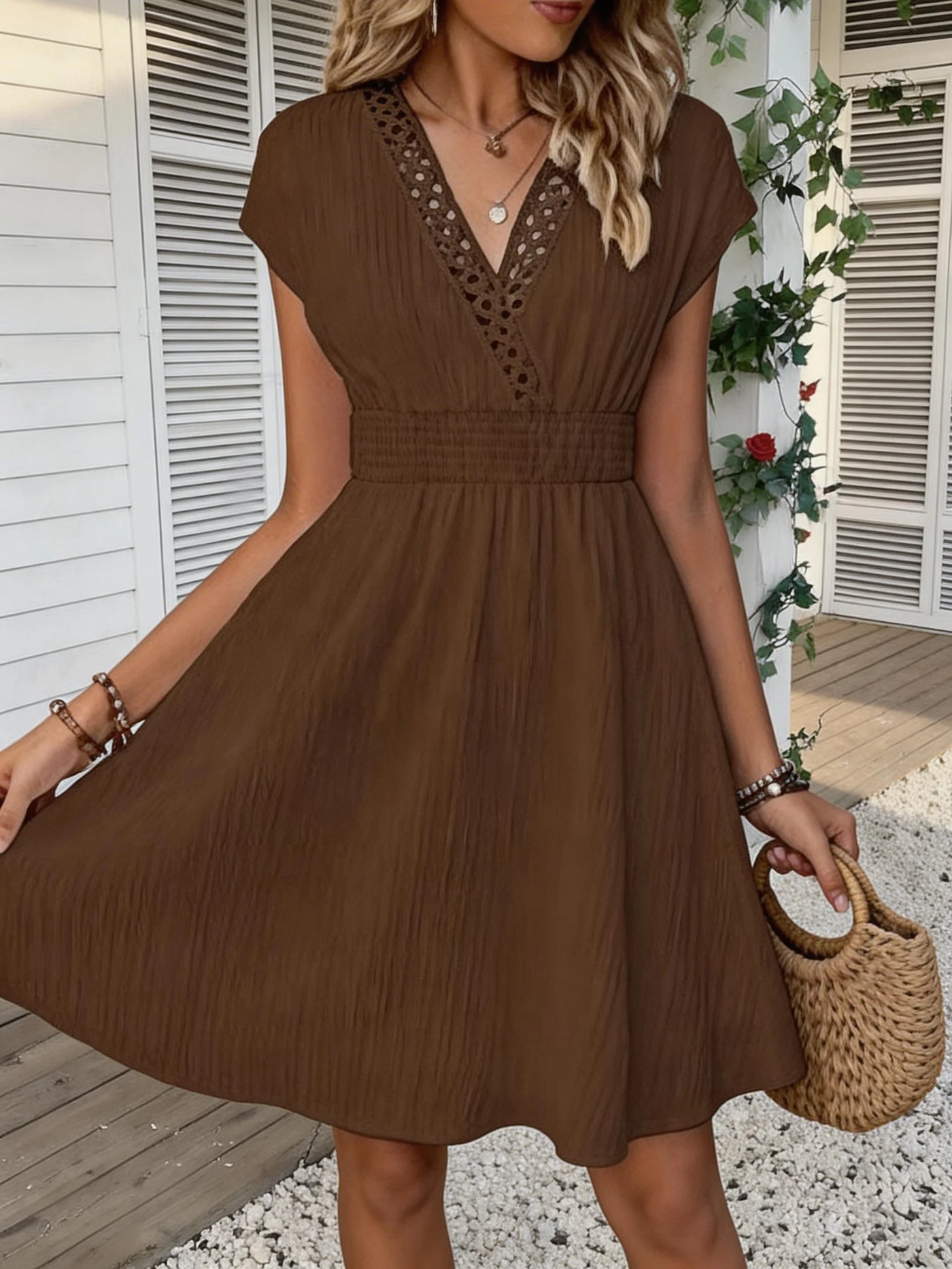 Lace V-Neck Striped Dress | OWNLUXE