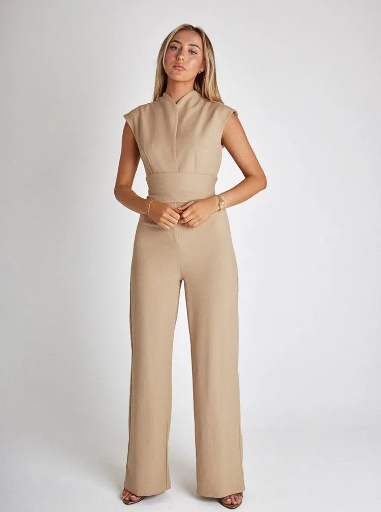 Women's Jumpsuit Sleeveless V Neck High Waist Jumpsuits Black Romper Wrap Belt Front Pocket White Wide Leg Jumpsuit Beige