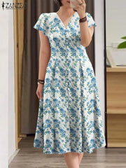 Bohemian Floral A-Line Mid-Calf Dress – V-Neck Summer Style