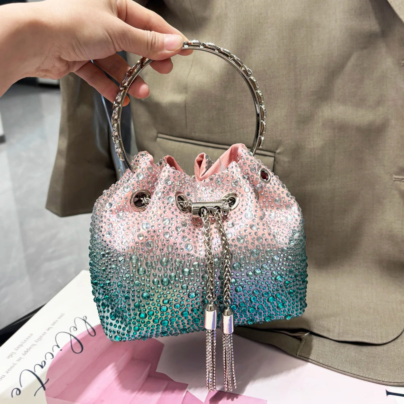 Crystal Bucket Evening Bag (Green Pink) | OWNLUXE