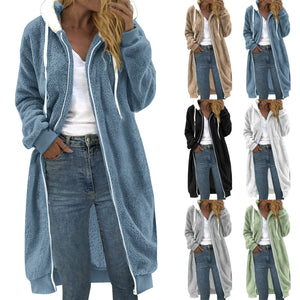 Women's Plus Size Color Block Plush Hoodie – Warm Zipper Sweatshirt Coat