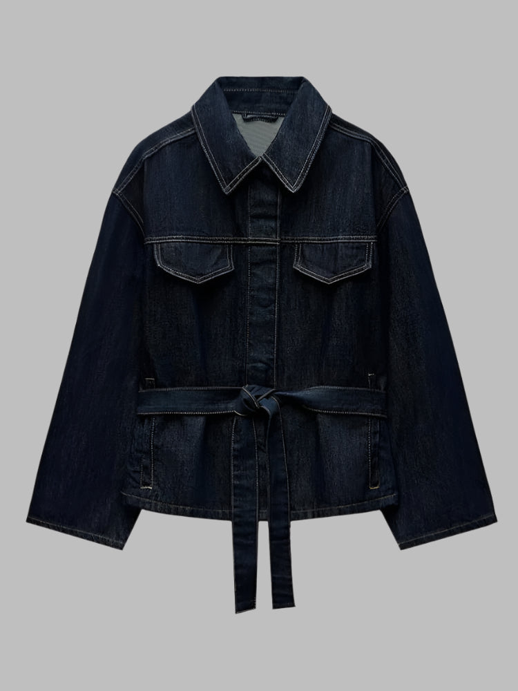 Denim-Look Belted Jacket & Skinny Pants Set - Two-Piece for Women