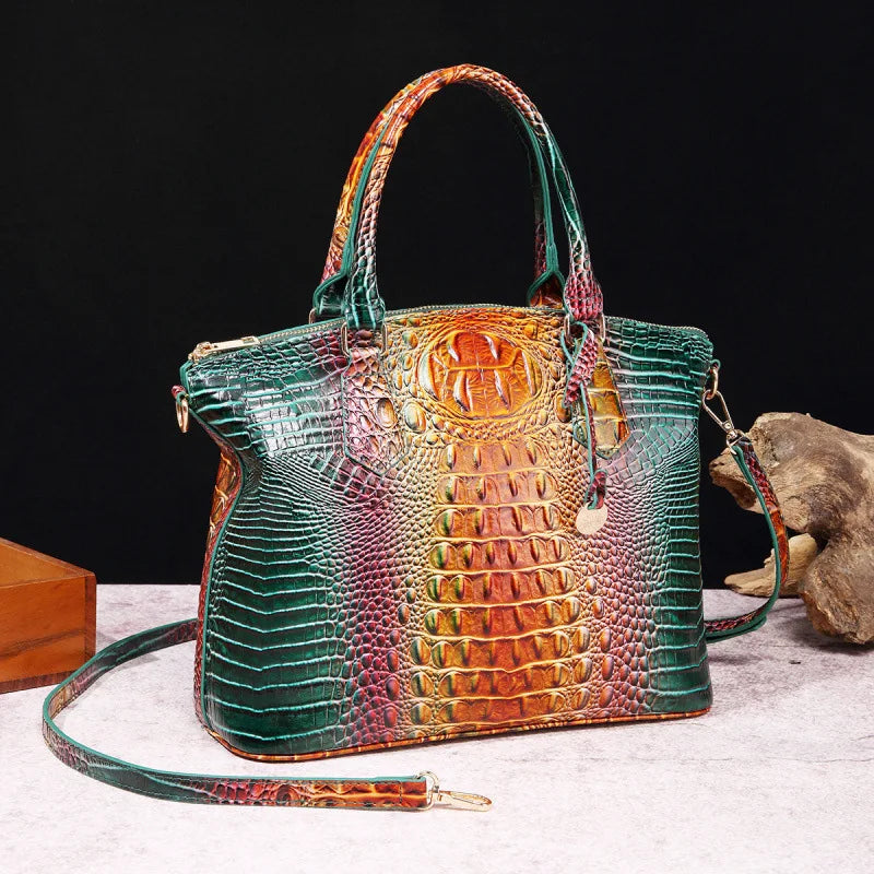 Crocodile Embossed Leather Handbag - Classic Shoulder Bag