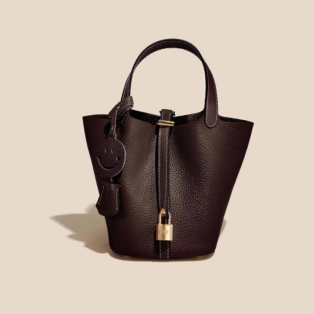 Genuine Cowhide Leather Bucket Bag - Fashion Lock Handbag with Phone Pocket | OWNLUXE