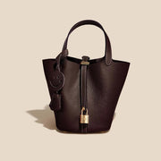 Genuine Cowhide Leather Bucket Bag - Fashion Lock Handbag with Phone Pocket | OWNLUXE
