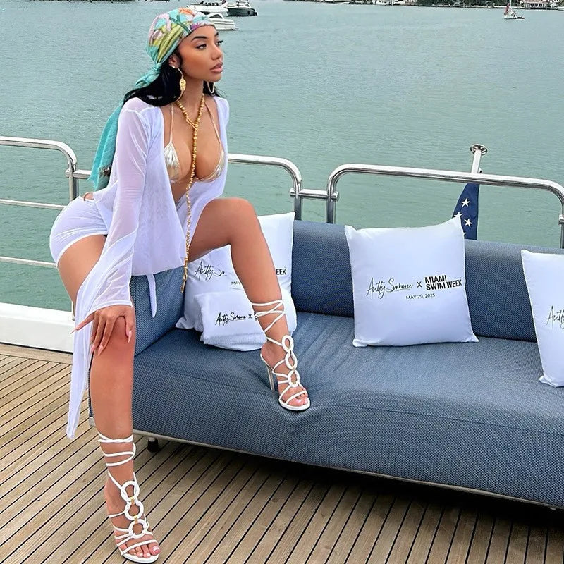 Off-Shoulder Mesh A-Line Wrap Swim Cover-Up | OWNLUXE