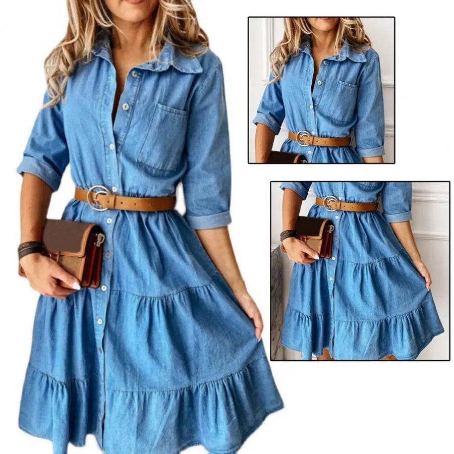 High-Waist Denim Ruffle Dress | OWNLUXE