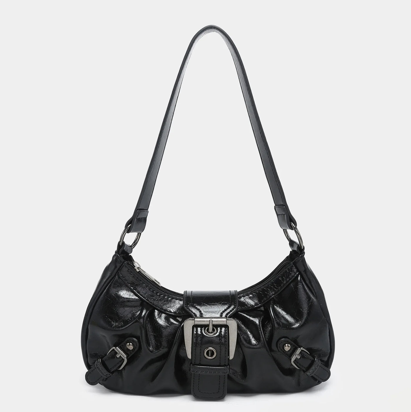 Patent Leather Saddle Bag – Retro Moto Shoulder Purse with Rivet Details