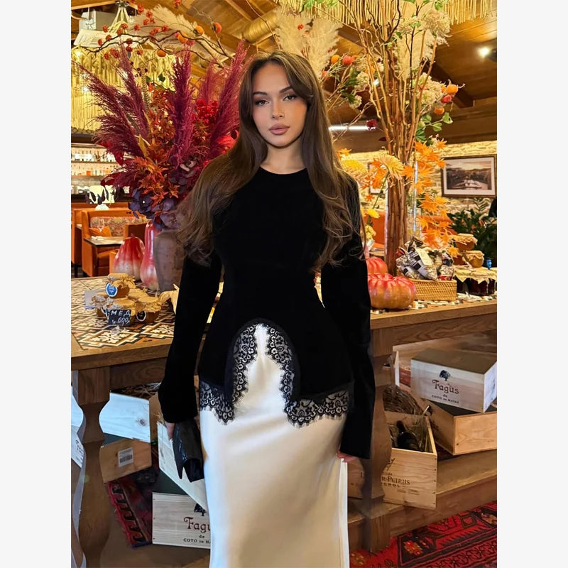 Sexy Black Lace Patchwork Slim Shirt Women Elegant Round Neck Long Sleeve Irregular Hem Top 2026 Lady Spring Autumn Chic Wear