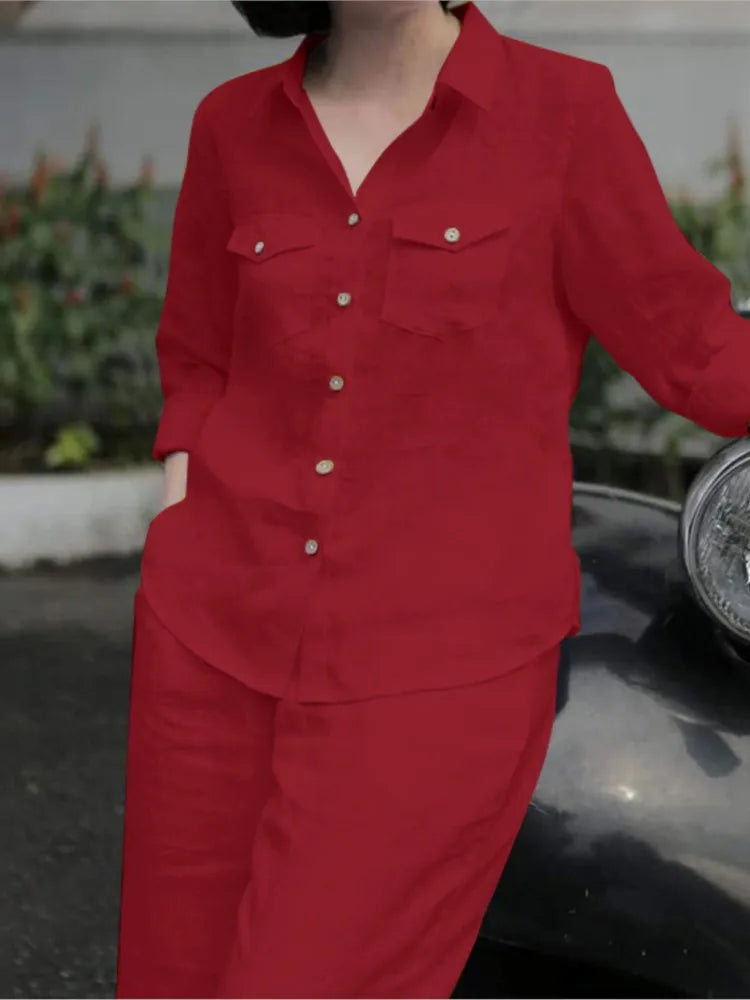 Women’s Wide-Leg Two-Piece Set with Turn-Down Collar Shirt