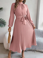 Load image into Gallery viewer, Slim-Fit A-Line Solid Dress with Stand Collar – Ankle-Length, Sashes Detail, Autumn/Winter
