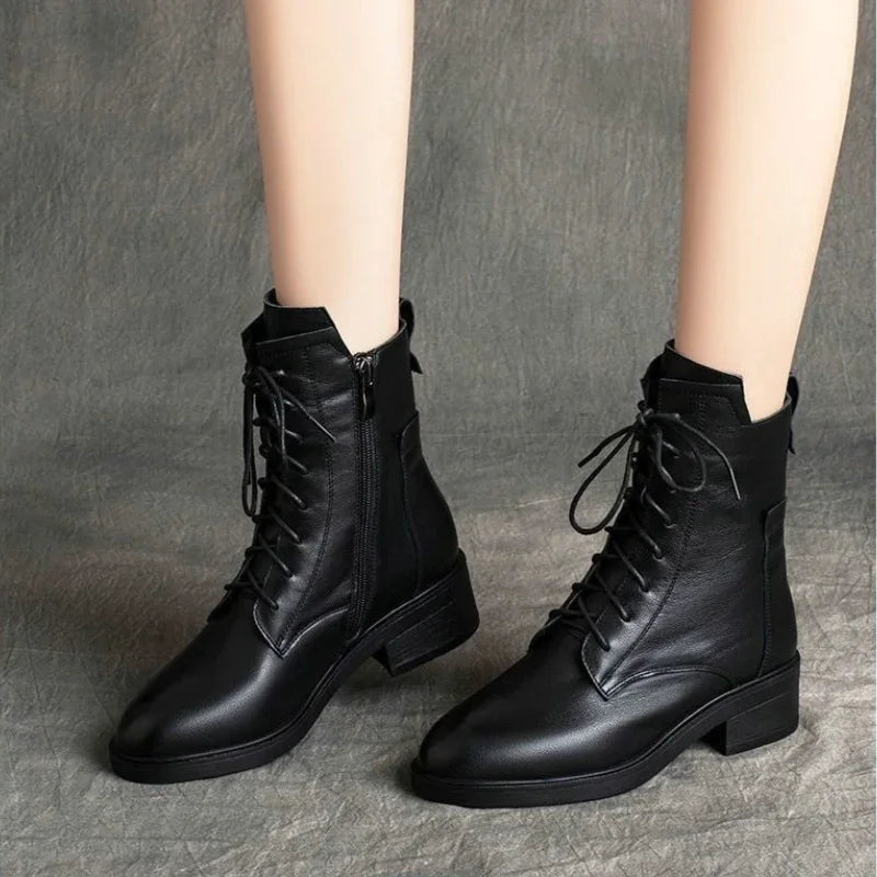 European and American Retro Short Boots Women's 2023 New Versatile Soft Leather Mid Heel Plush Women's Boots Zapatillas De Mujer
