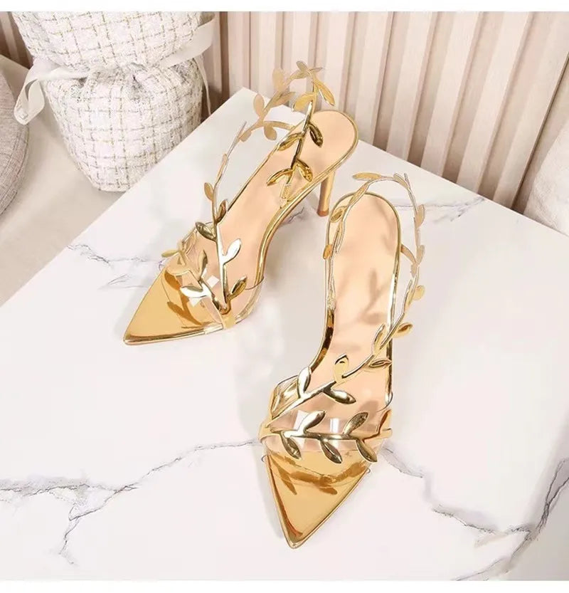 Gold Leaf Gladiator Stiletto Sandals with Pointed Toe