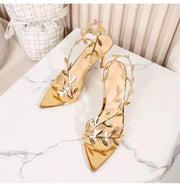 Gold Leaf Gladiator Stiletto Sandals with Pointed Toe