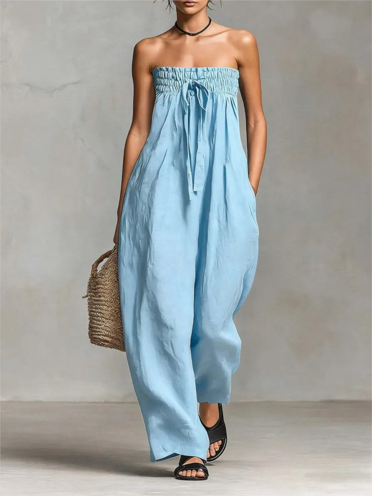 Strapless Wide-Leg Off-Shoulder Backless Jumpsuit | OWNLUXE