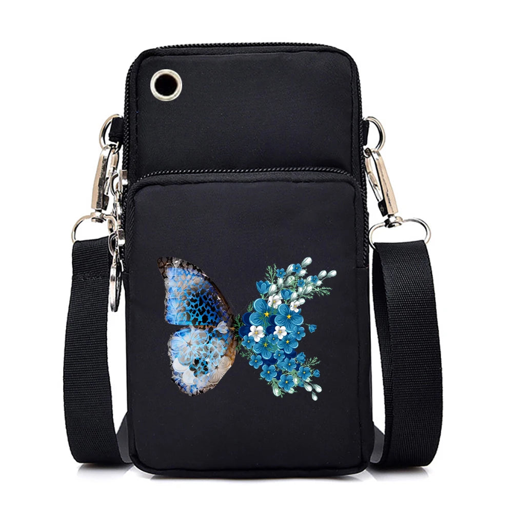 Mini Nylon Phone Crossbody Bag – Butterfly Print Neck Pouch with Zipper