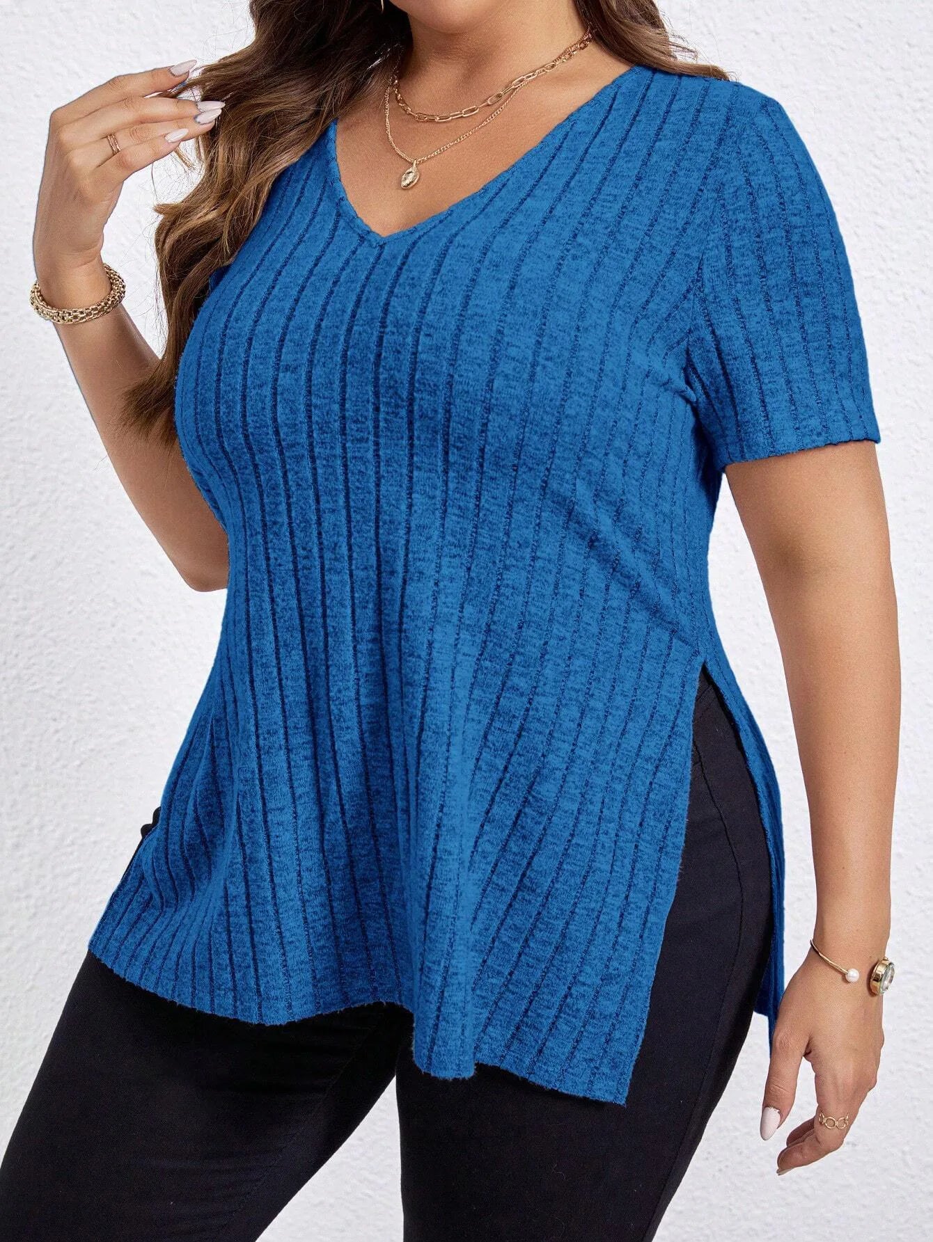 Plus Size V‑Neck Knit Blouse – Long Sleeve Soft Stretch