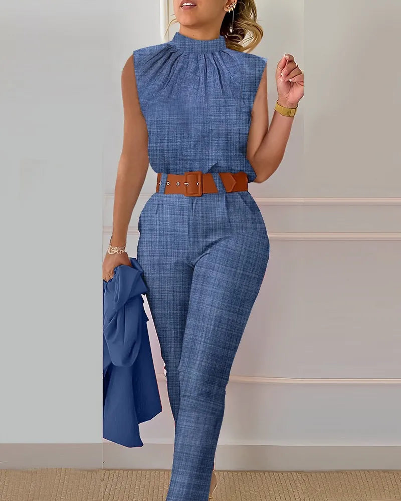 Office Elegant Sleeveless Print Shirt Pant Set O-Neck Slim Two Piece | OWNLUXE