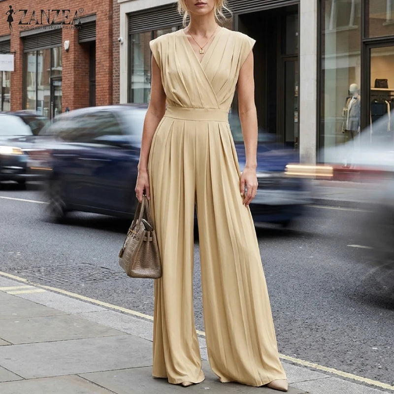 Women's Wide Leg Sleeveless V-Neck Jumpsuit | OWNLUXE