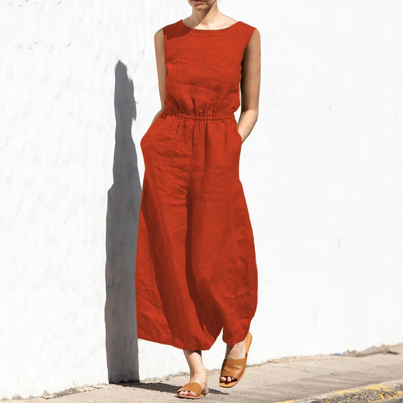 High Waist Cotton Linen Jumpsuit – Wide Leg Ankle-Length